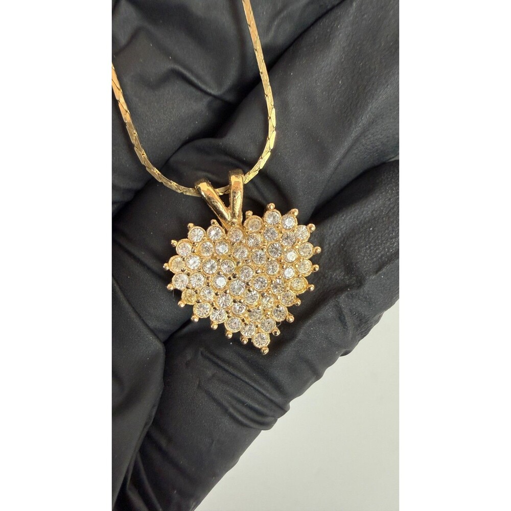Vintage Signed ROMAN Gold Tone Rhinestone Heart Pendant Necklace